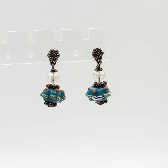 Lampwork glass bead earrings dangle blue venetian millifiori - Picture 1 of 2